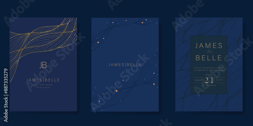 Navy Blue Luxury Wedding Invitation, start invite thank you, rsvp modern card Design in Night sky with  little star moon sun and space decorative Vector elegant rustic template