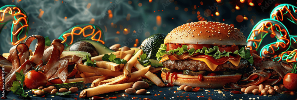 Naklejka premium Fast Food Genetics: DNA Impact on Eating Habits with Photorealistic Junk Food Background