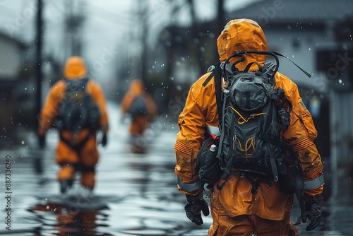 A man in an orange jumpsuit is walking through a flooded street