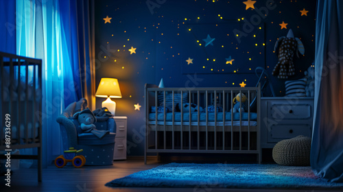 A serene nighttime nursery room with a crib, star-patterned curtains, and soft-glowing lamp.