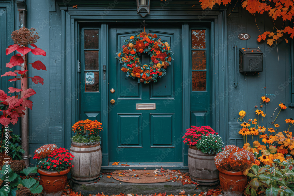 Naklejka premium dark green front door with pumpkin wreath and wooden pots of colorful chrysanthemums festive autumn decor