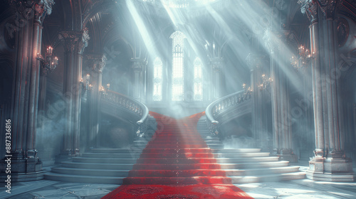 Medieval Gothic Castle Hall Interior with High Arched Ceilings and Columns, Marble Floor, Red Velvet Carpet, Light Rays through Windows, Fantasy Game Art Style
