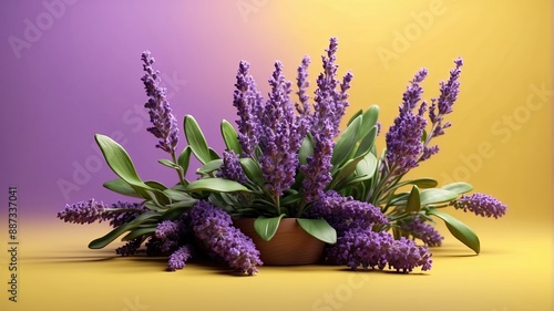3D realistic lavender plant in yellow background with empty space text