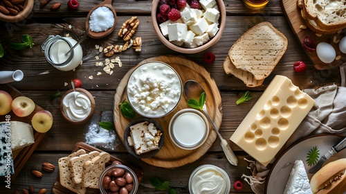 Different types of dairy products on wooden background 