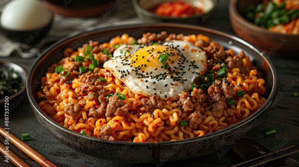 Spicy Korean Ramen with Fried Egg and Ground Pork Spicy Korean Ramen with Fried Egg and Ground Pork