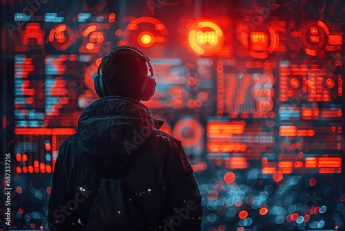 A man wearing headphones is looking at a computer screen with a red background