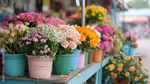 A vibrant flower market with a rose-scented candle.