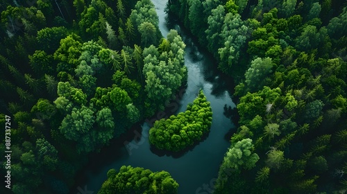 Drone shot of a lush green forest with a winding river flowing through it