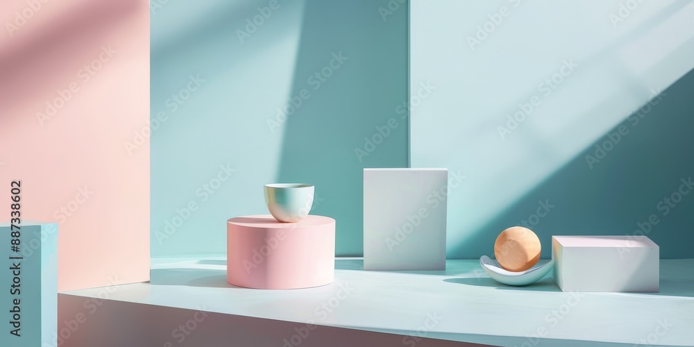 A minimalist still life of geometric objects in pastel colors, captured with clean lines and soft shadows, highlighting modern design and simplicity