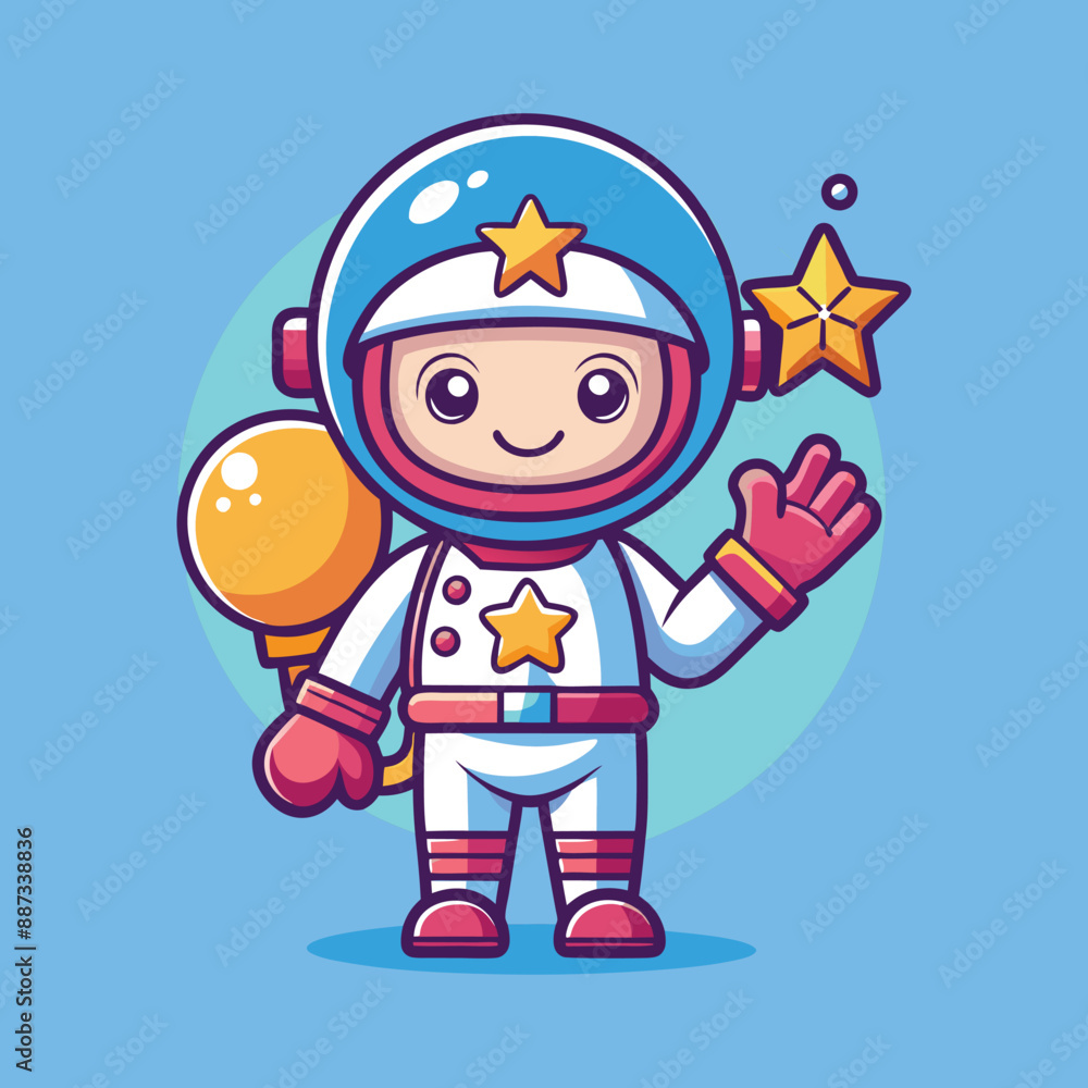 A flat thin line baby astronaut right hand up and holding an star... A flat thin line baby astronaut right hand up and holding an star...