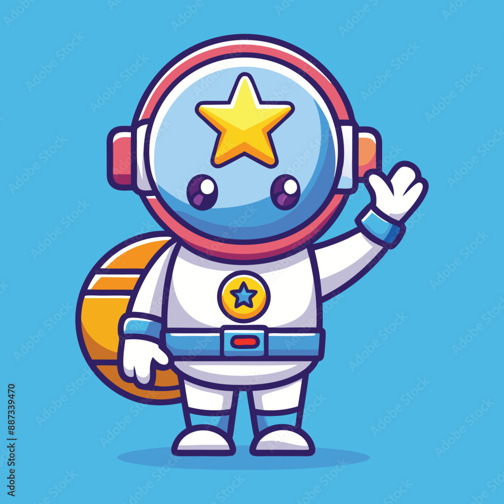 A flat thin line baby astronaut right hand up and holding an star... A flat thin line baby astronaut right hand up and holding an star...