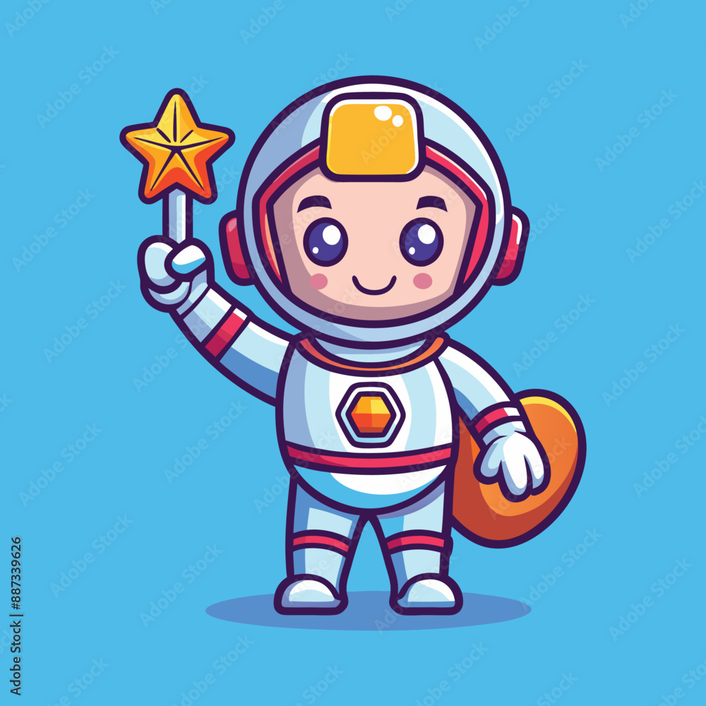 A flat thin line baby astronaut right hand up and holding an star... A flat thin line baby astronaut right hand up and holding an star...