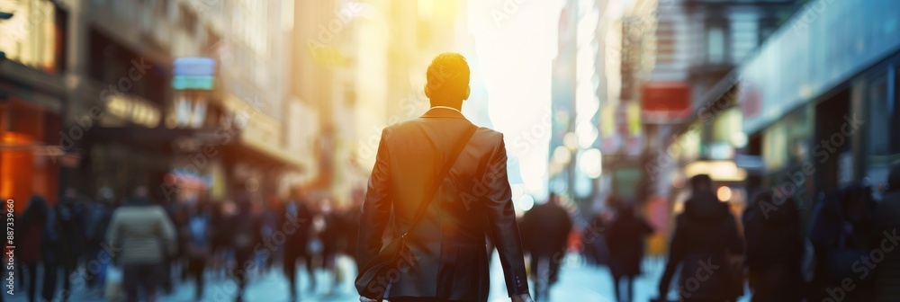 A businessman in a suit walks briskly through a busy city street, surrounded by a crowd of people. The sun shines brightly in the background, casting a warm glow on the scene A businessman in a suit walks briskly through a busy city street, surrounded by a crowd of people. The sun shines brightly in the background, casting a warm glow on the scene