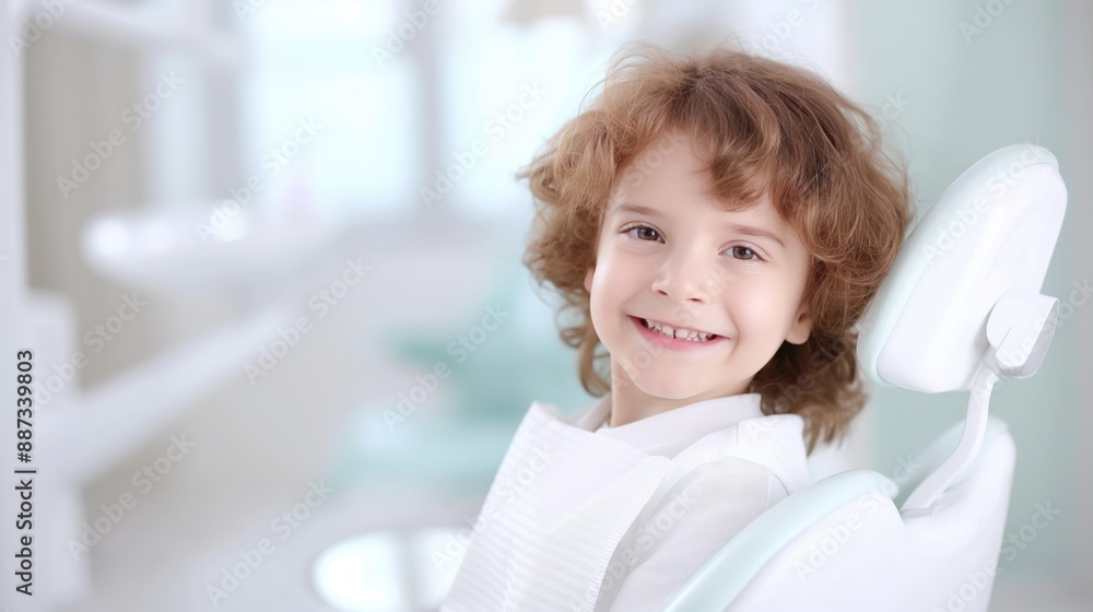 A child with curly hair sits in a dentist's chair, smiling brightly, showing off their pearly white teeth A child with curly hair sits in a dentist's chair, smiling brightly, showing off their pearly white teeth