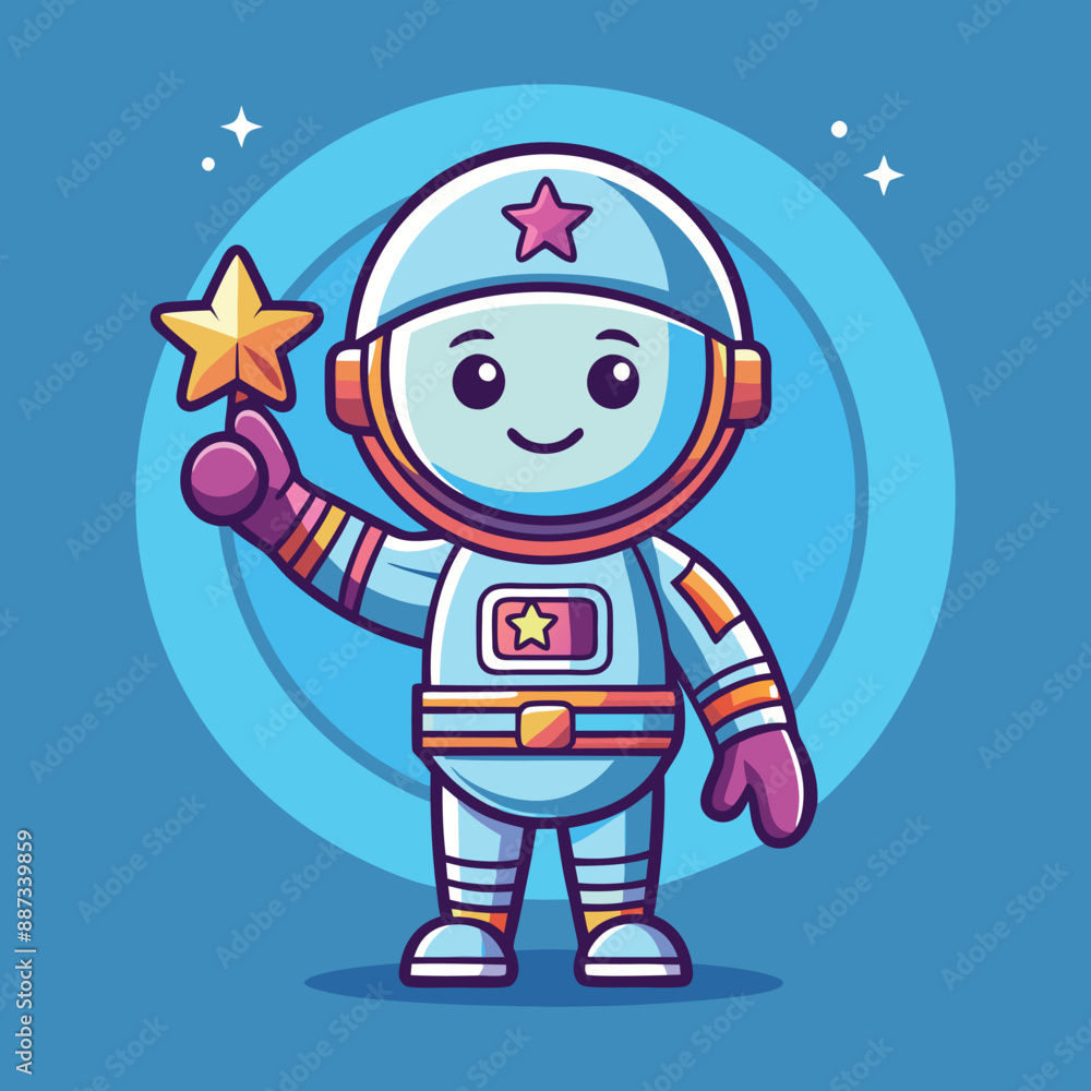 A flat thin line baby astronaut right hand up and holding an star... A flat thin line baby astronaut right hand up and holding an star...
