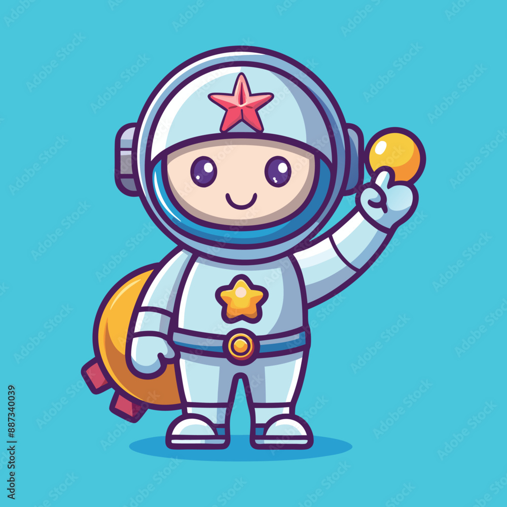 A flat thin line baby astronaut right hand up and holding an star... A flat thin line baby astronaut right hand up and holding an star...