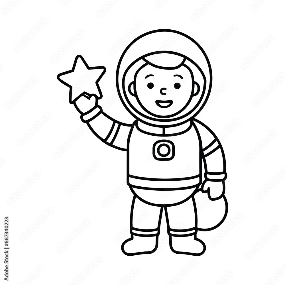 A flat thin line baby astronaut right hand up and holding an star... A flat thin line baby astronaut right hand up and holding an star...
