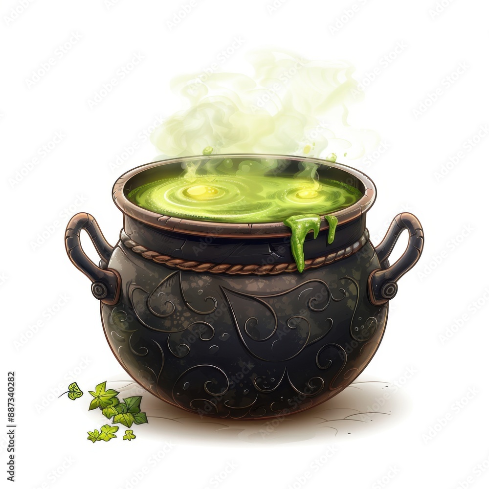 Witches' Cauldron with Green Halloween Brew - Detailed of Bubbling Potion Isolated on White Background Witches' Cauldron with Green Halloween Brew - Detailed of Bubbling Potion Isolated on White Background