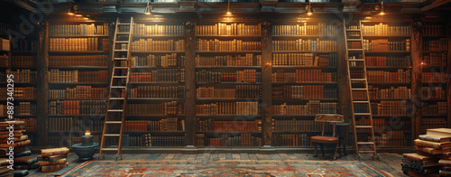 Ancient Library Wall with Ladders and Vintage Leather Bound Books Photorealistic Style Warm Lighting Ultra Detailed Architectural Presentation photo