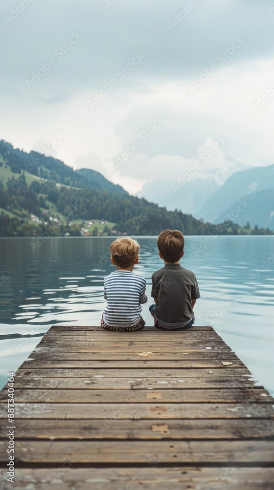 Two young boys, dressed casually, sit on a wooden dock overlooking a calm lake. The water is still and reflects the surrounding mountains, creating a picturesque landscape. Two young boys, dressed casually, sit on a wooden dock overlooking a calm lake. The water is still and reflects the surrounding mountains, creating a picturesque landscape.