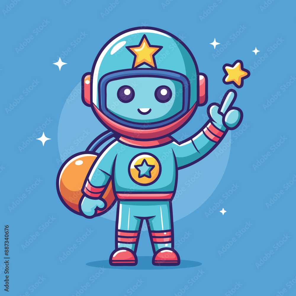 A flat thin line baby astronaut right hand up and holding an star... A flat thin line baby astronaut right hand up and holding an star...
