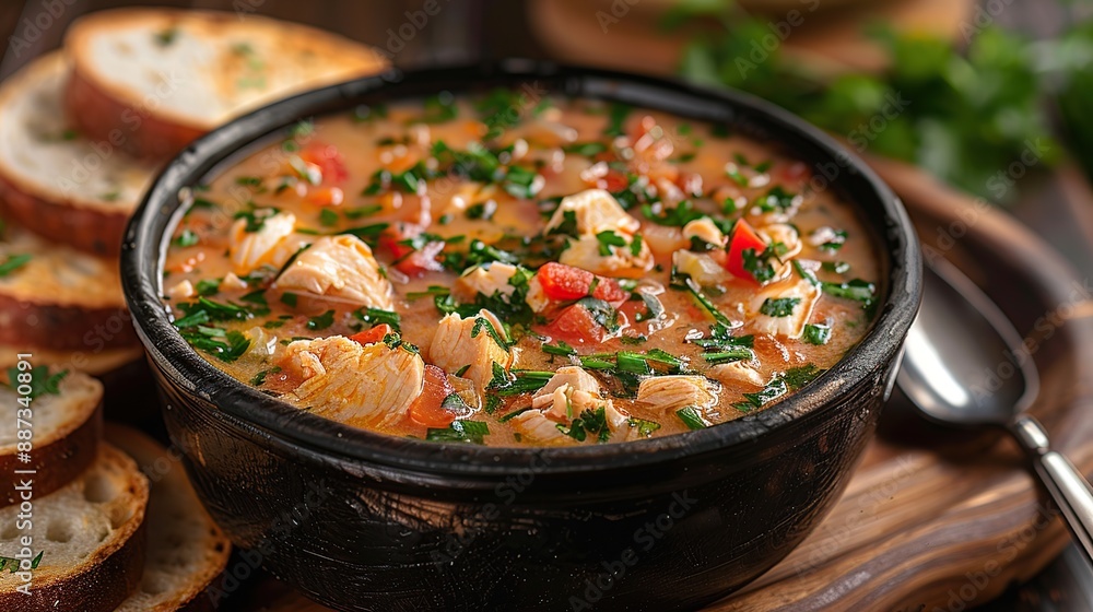 Delicious Chicken Soup with Fresh Parsley and Toasted Bread Delicious Chicken Soup with Fresh Parsley and Toasted Bread