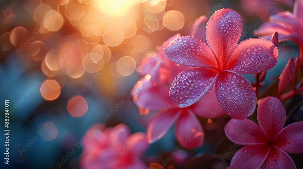 close up shot on beautiful pink frangipani flowers with sunlight and bokeh effect close up shot on beautiful pink frangipani flowers with sunlight and bokeh effect
