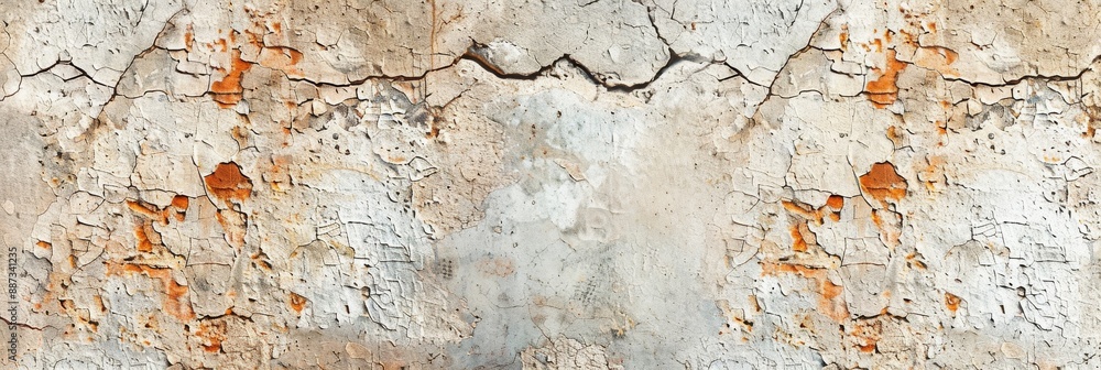 Fototapeta premium Close-up photo of weathered plaster wall with deep cracks, faded paint, and patches of orange peeking through white. Textured surface evokes age and neglect