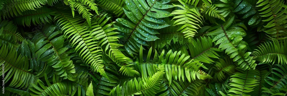A close-up top-down view of lush green ferns and tropical plants with dew drops A close-up top-down view of lush green ferns and tropical plants with dew drops