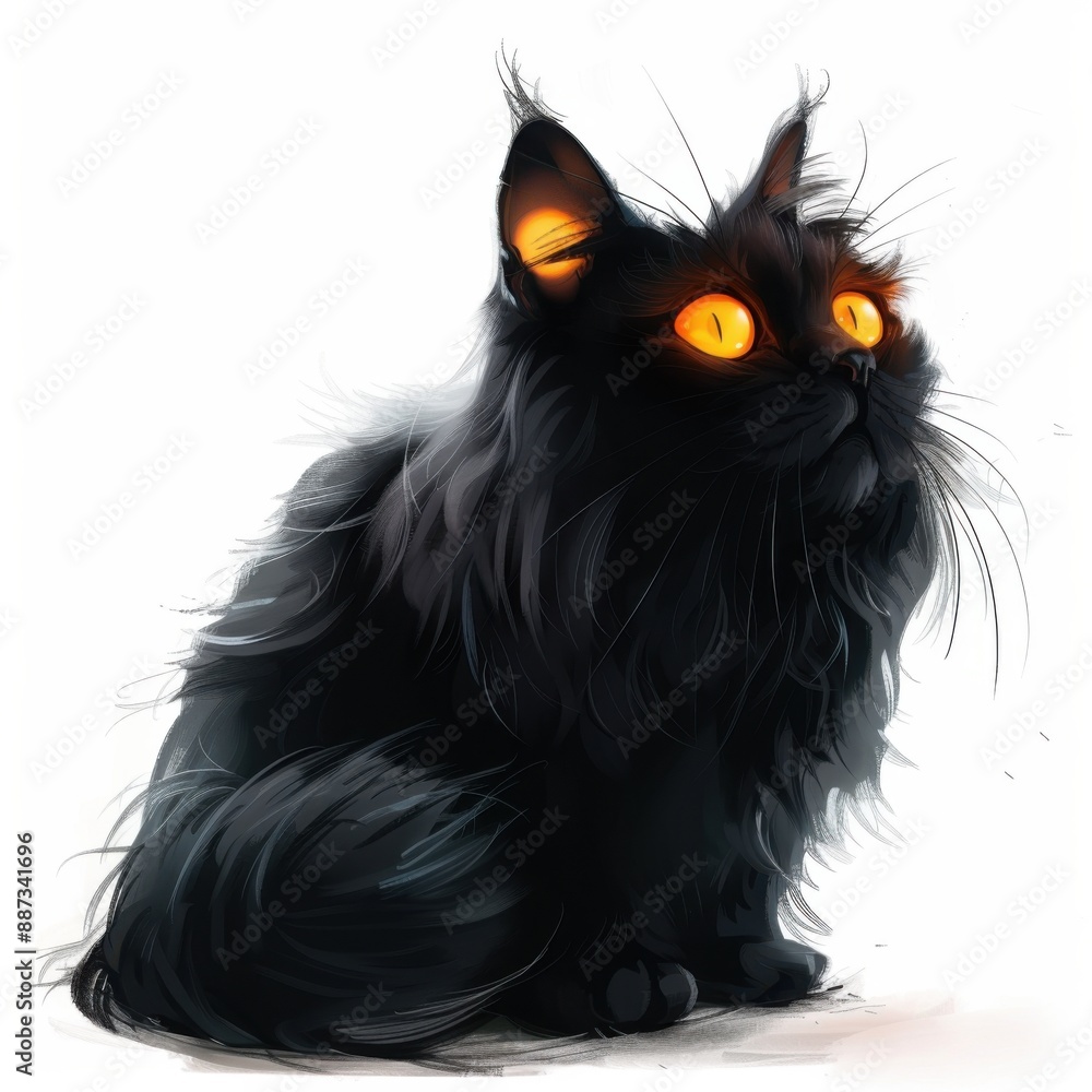 Eerie Halloween Black Cat with Glowing Eyes - Dark and Mysterious Digital Painting on White Background Eerie Halloween Black Cat with Glowing Eyes - Dark and Mysterious Digital Painting on White Background