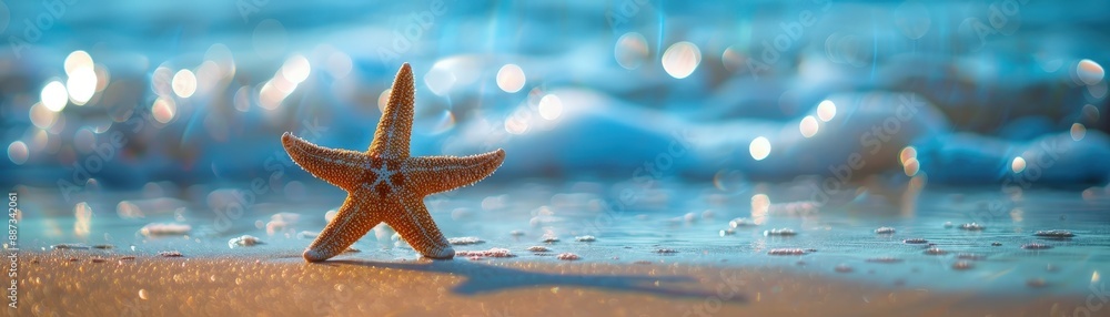 Starfish on Sandy Beach with Ocean Waves and Bokeh Effect in Background at Sunrise Starfish on Sandy Beach with Ocean Waves and Bokeh Effect in Background at Sunrise