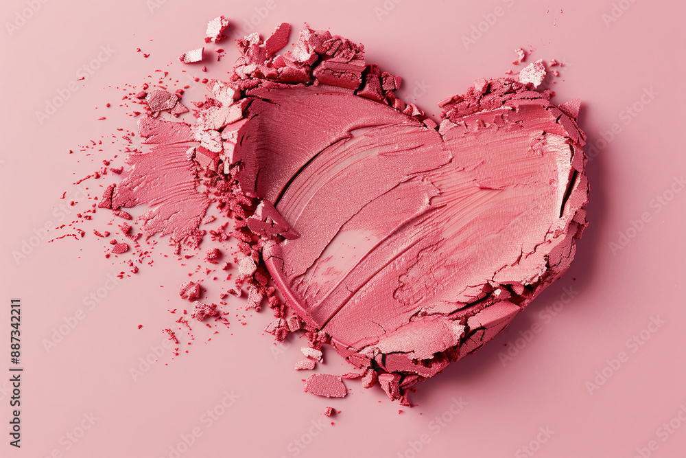 Fototapeta premium Cream blush swatch in the shape of a heart on a light pink background with copy space