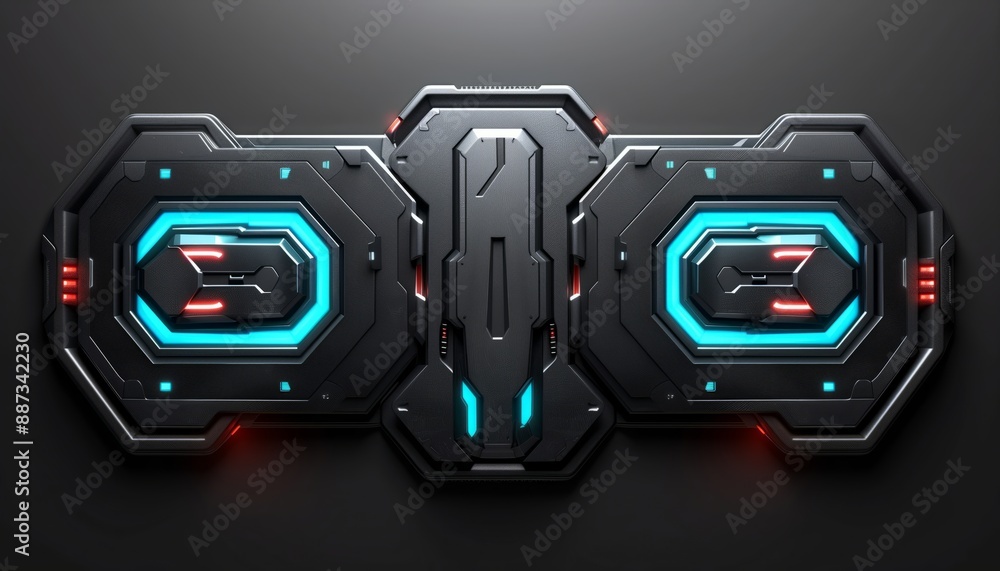 Futuristic Glowing Blue and Red SciFi Panel with Dark Metallic Trim Futuristic Glowing Blue and Red SciFi Panel with Dark Metallic Trim
