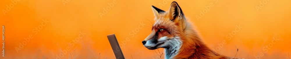 close-up portrait of a red fox with a warm orange background in a natural setting. close-up portrait of a red fox with a warm orange background in a natural setting.
