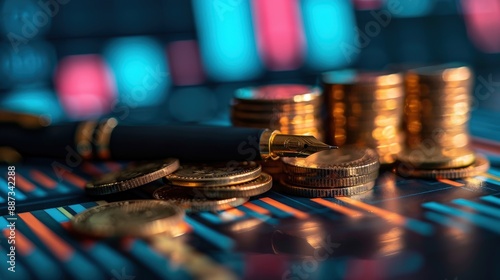 Stacked Gold Coins and Fountain Pen on Financial Graph with Colorful Background