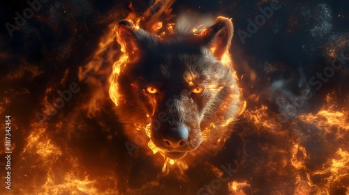 A close-up illustration of an wolf in fire against a dark background. © Todd's Studio