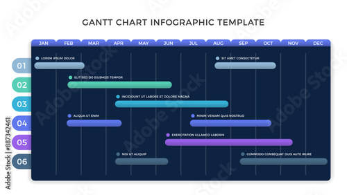 Project timeline infographic template with 6 tasks, gantt chart, dark background, vector eps10 illustration