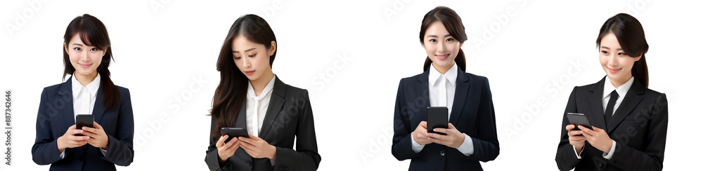 Set of business people or businesswomen holding and using a mobile phone, isolated on transparent background Set of business people or businesswomen holding and using a mobile phone, isolated on transparent background