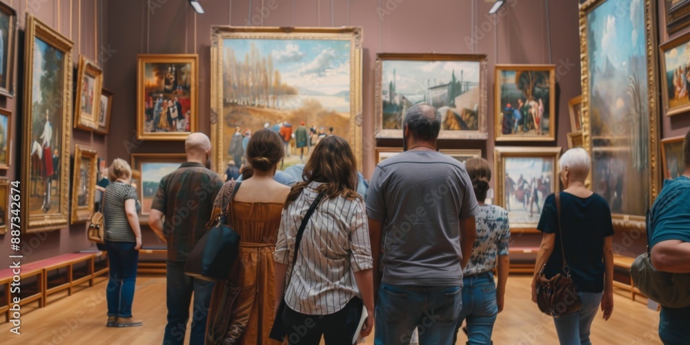 Obraz premium Visitors Admiring Artworks on Museum or Gallery Wall: AI-Generated 4K High-Resolution Wallpaper Showcasing Cultural Appreciation, Art Enthusiasts, and Immersive Exhibition Experience