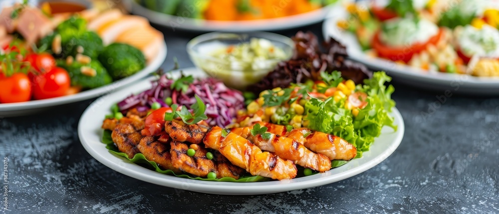 grilled chicken salad with red onion, corn and green lettuce on white plate for healthy meal food photography. grilled chicken salad with red onion, corn and green lettuce on white plate for healthy meal food photography.