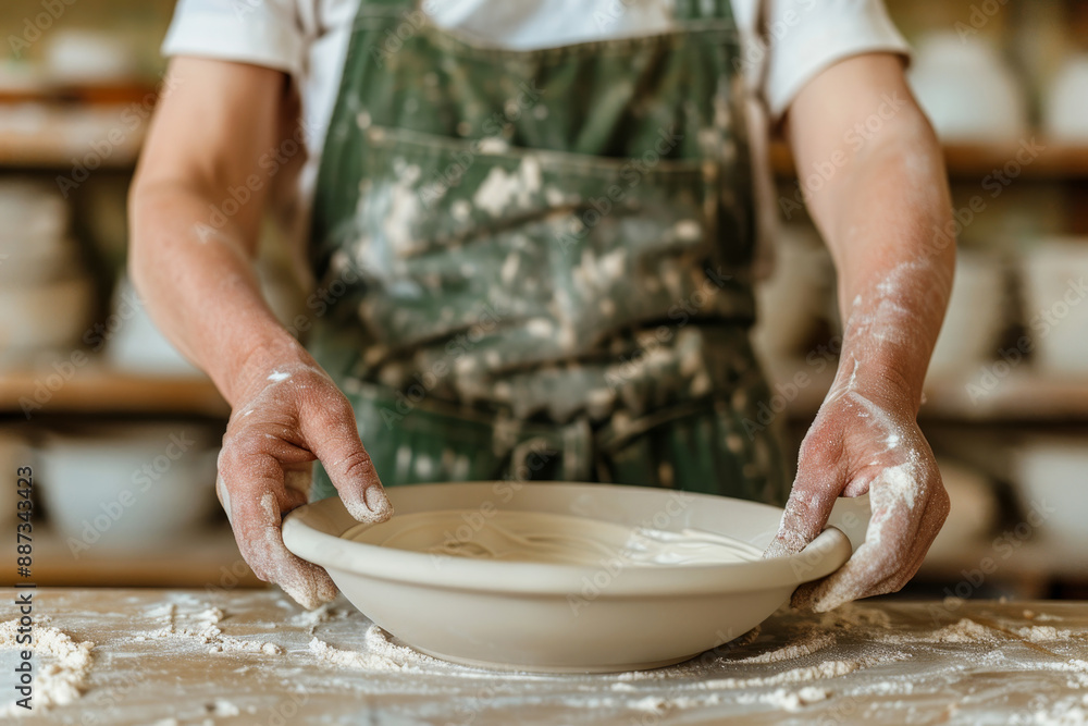 close-up of a potter's hands holding a clay bowl covered in white powder in a workshop, a concept of creativity and craft close-up of a potter's hands holding a clay bowl covered in white powder in a workshop, a concept of creativity and craft