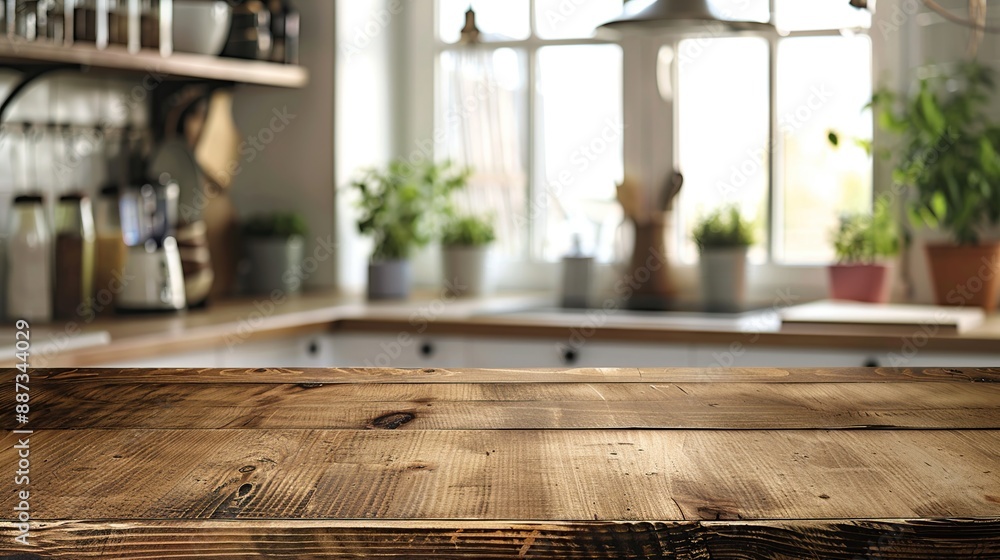 Wooden table. Empty wooden table on blurred kitchen background. Wooden table. Empty wooden table on blurred kitchen background.