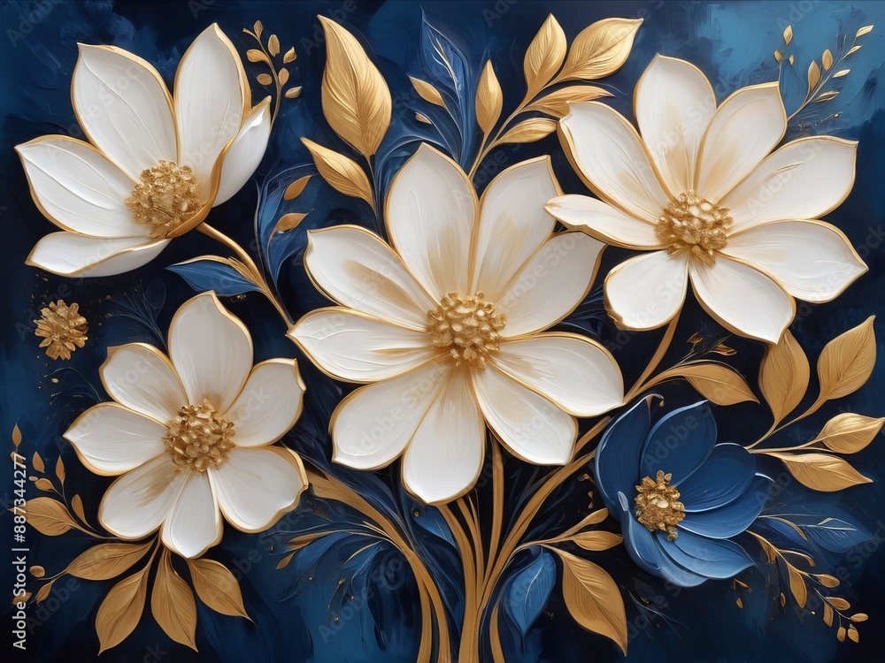 Obraz premium Gold, blue and white floral composition in oil painting style, abstract flowers painting with textured brushstrokes, rich in color and details 