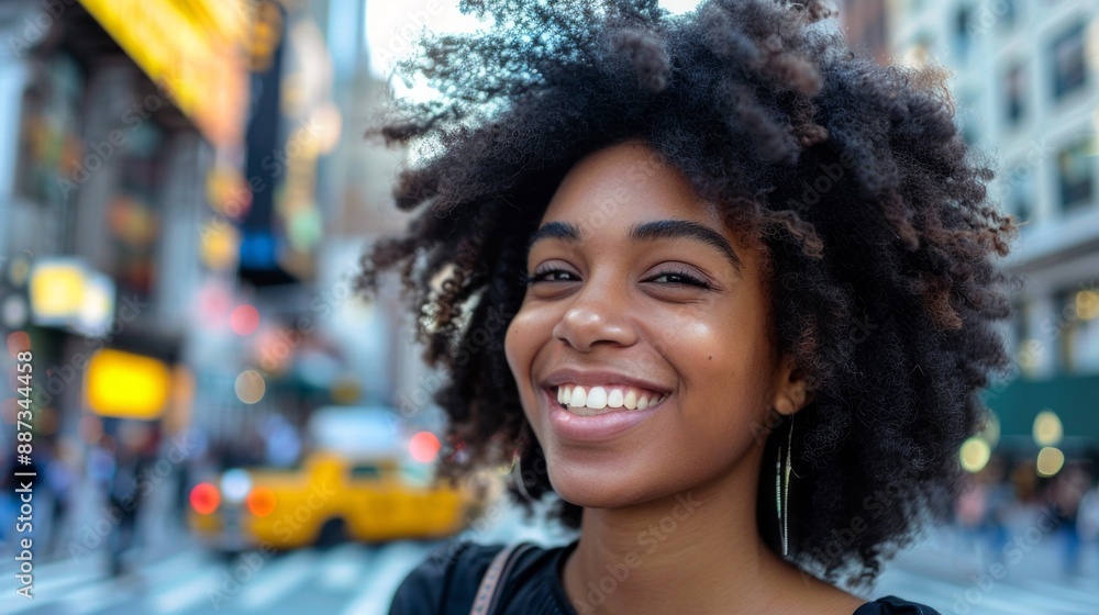 A young woman with a bright, joyful smile stands on a busy city street, her natural beauty shining through A young woman with a bright, joyful smile stands on a busy city street, her natural beauty shining through