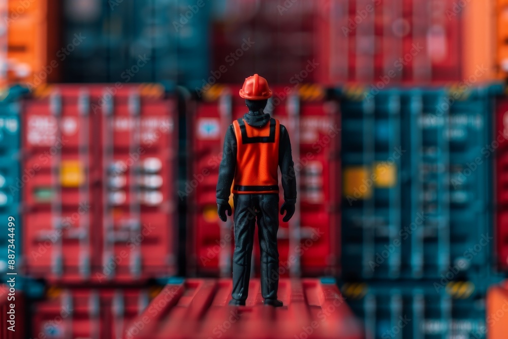 Naklejka premium a miniature figure of a worker wearing a hard hat and safety vest standing on a shipping container against a background of numerous shipping containers.