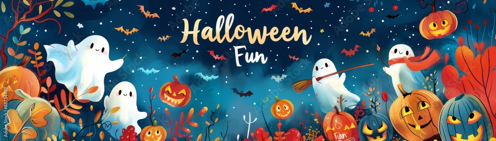 Happy Halloween illustration with ghosts pumpkins and bats in a fun night scene with text Happy Halloween illustration with ghosts pumpkins and bats in a fun night scene with text