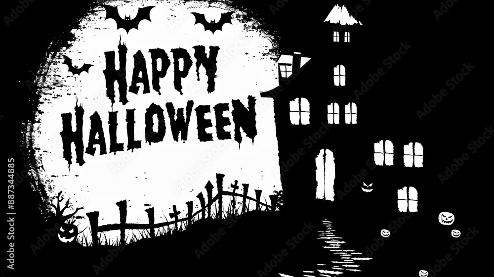 Happy Halloween greeting with haunted house bats and pumpkins in a monochrome spooky design Happy Halloween greeting with haunted house bats and pumpkins in a monochrome spooky design