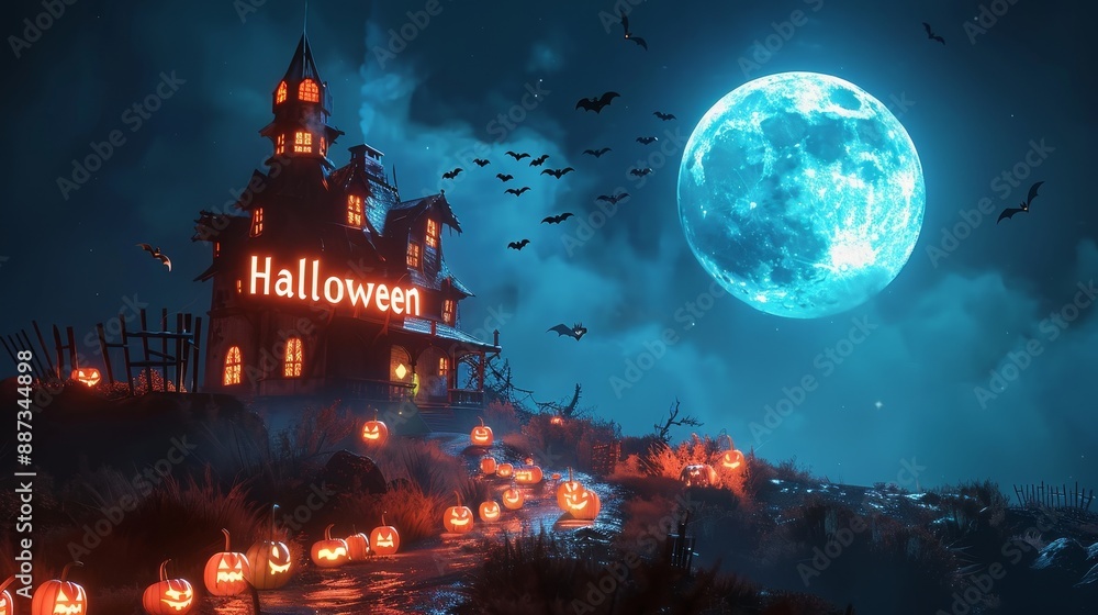 A haunted house with glowing text reading A haunted house with glowing text reading