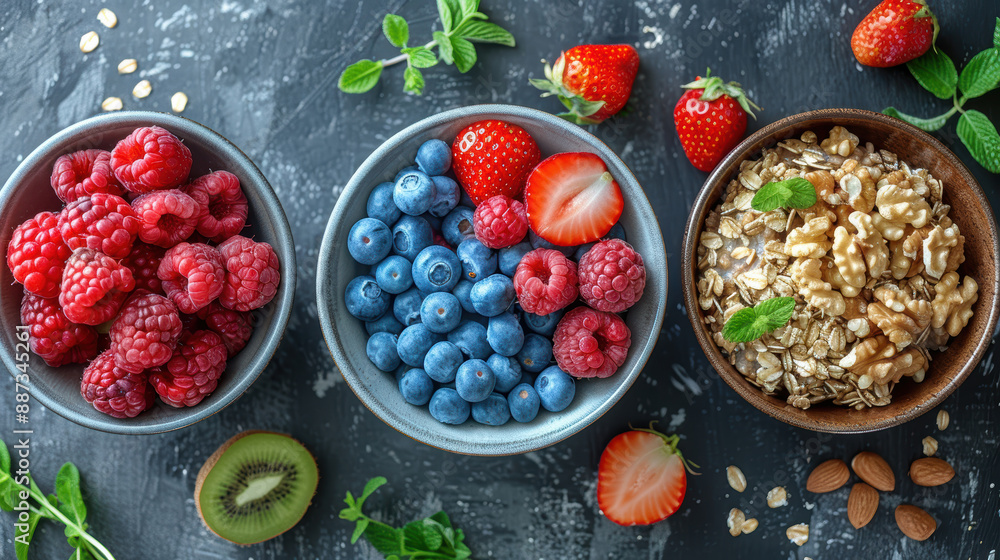 A bowl of oatmeal with fresh berries and nuts. The oatmeal is topped with raspberries, blueberries, strawberries, and walnuts. A bowl of oatmeal with fresh berries and nuts. The oatmeal is topped with raspberries, blueberries, strawberries, and walnuts.