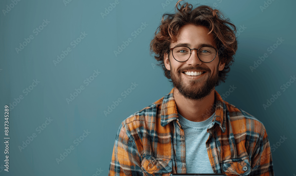 Fototapeta premium Smiling man with glasses holding tablet on blue background - concept for technology business and online shopping
